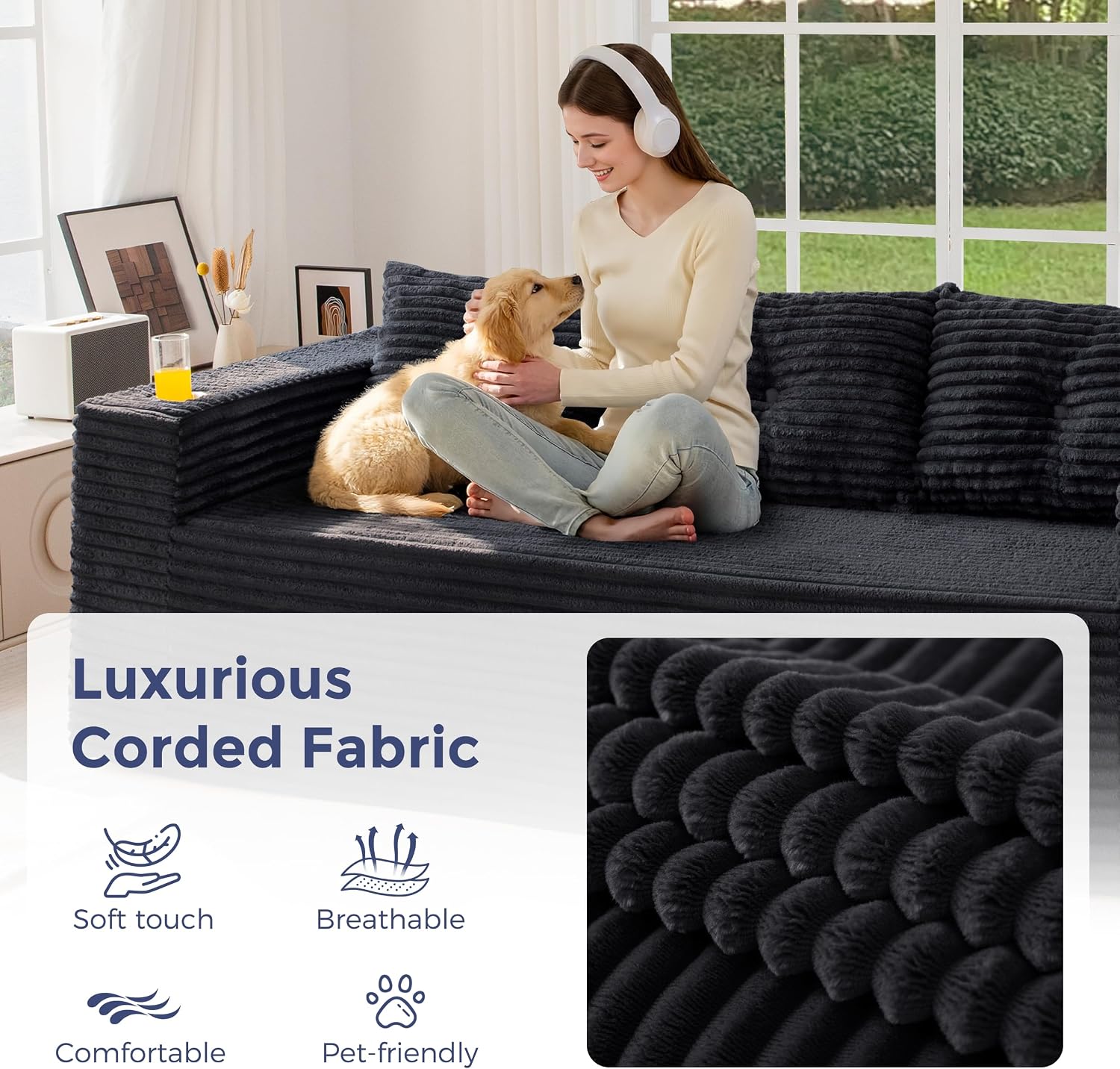MAXYOYO 79' Oversized Boneless Loveseat Sofa Couch for Small Spaces, Mini Love Seat Floor Couch with Cup Holders and Pillows, 3-Seater Upholstered Cloud Couch for Bedroom, No Assembly Required