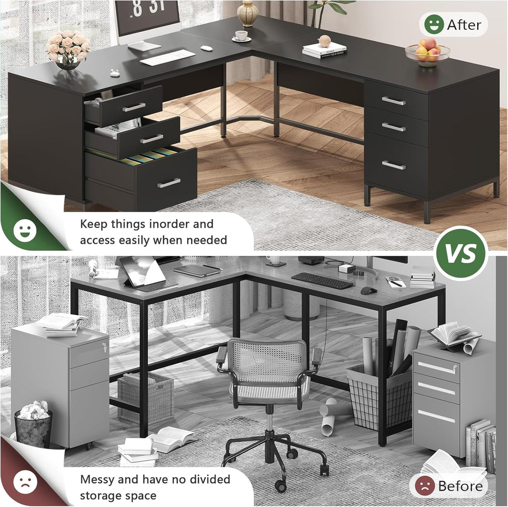 TVU 59'' L Shaped Desk with 6 Wood Drawers, Large Home Office Corner Computer Desk with Storage File Cabinet, Modern Metal Wood Desk for Executive Writing Study Workstation, Black