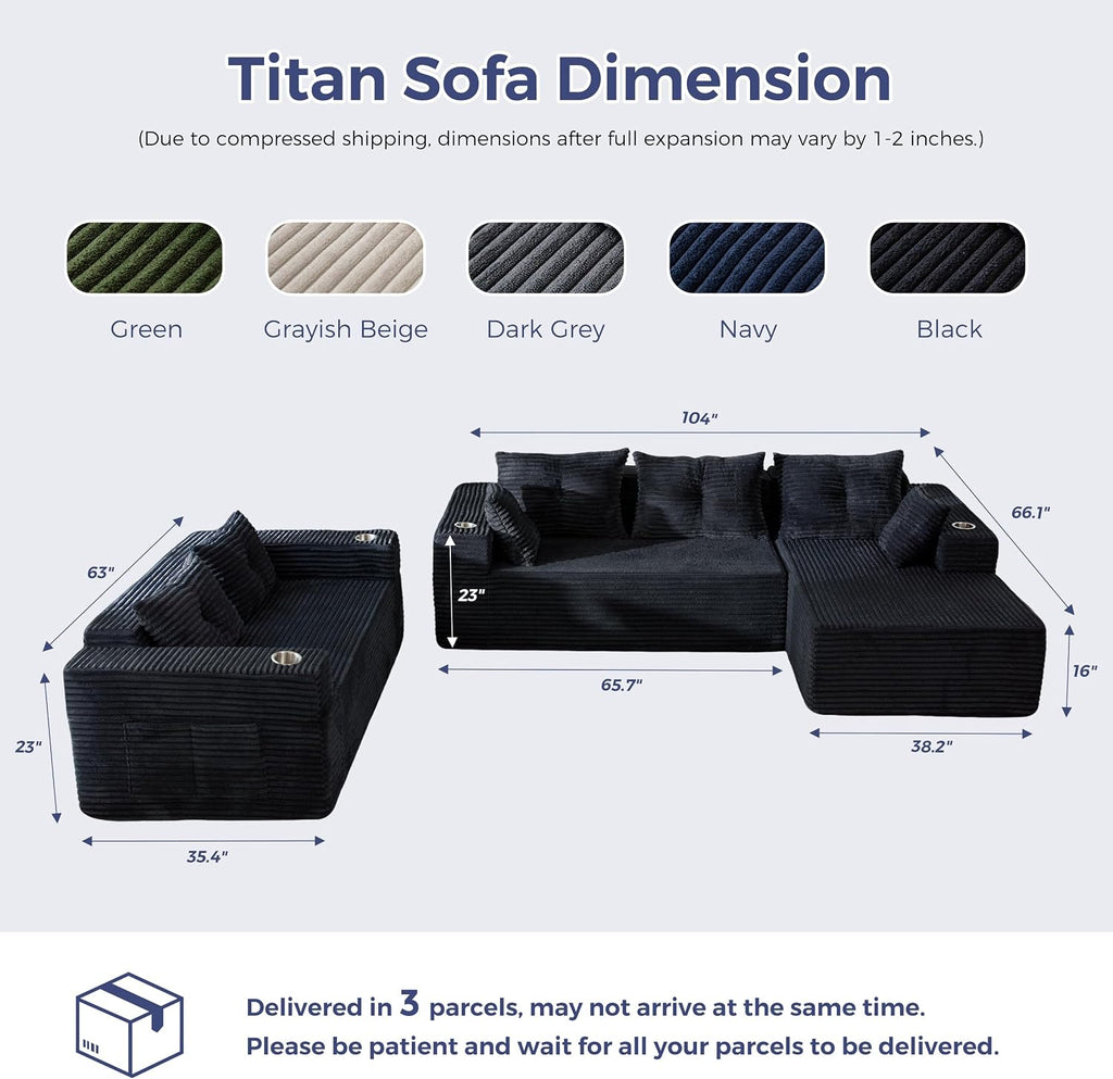 MAXYOYO Modular Sectional Couch with L-Shape Chaise and Loveseat, Modern Boneless Couch for Living Room, Oversized Sofa Sleeper with Deep Seat, No Assembly Required, Black