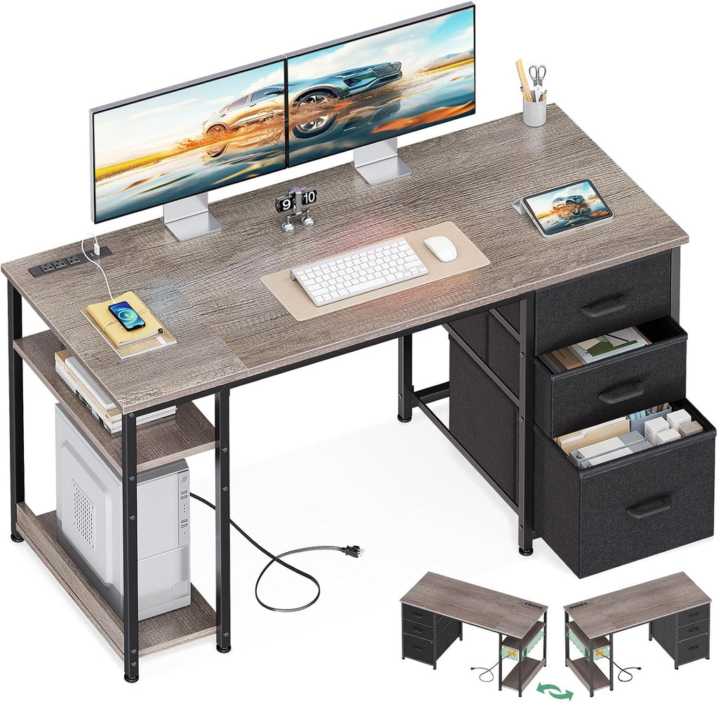 AODK 51 Inch Computer Desk with Fabric Drawers & USB Power Outlets - Reversible Home Office Desk with Storage Shelves, Work from Home, Modern Work/Writing/Study Table for Bedroom, Grey Oak