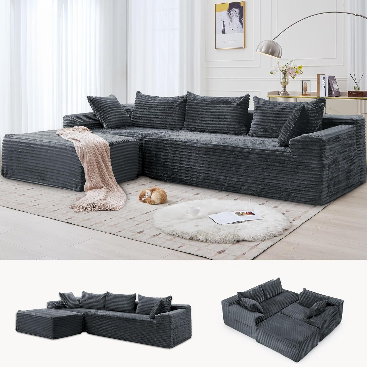 Korser 110' L-Shaped Modular Sectional Sofa with Chaise, Boneless Comfy Corduroy Fluffy Couch with Deep Seat and Side Pockets, Flexible Module Combination for Living Room, No Assembly, Side Pockets