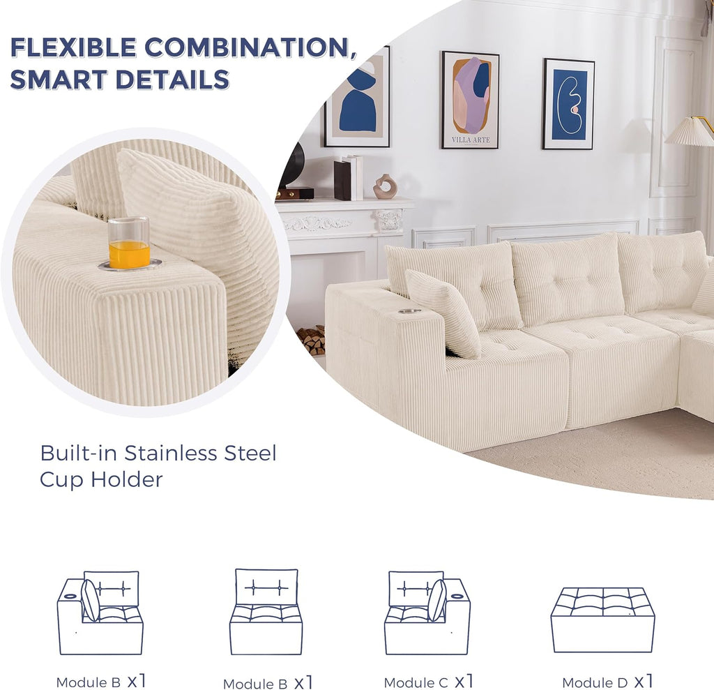 MAXYOYO Modular Sectional Sofa Couch, L Shaped Modern Cloud Couch with 1 Ottoman, Sofa in A Box, Tufted 4-Seat Boneless Sleeper Chair for Living Room, No Assembly Required, Beige