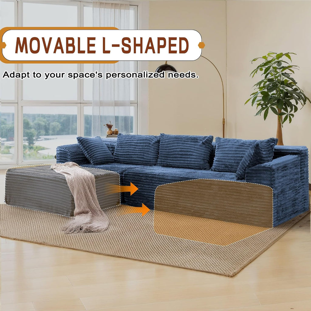 Korser 110' L-Shaped Modular Sectional Sofa with Chaise, Boneless Comfy Corduroy Fluffy Couch with Deep Seat and Side Pockets, Flexible Module Combination for Living Room, No Assembly, Side Pockets