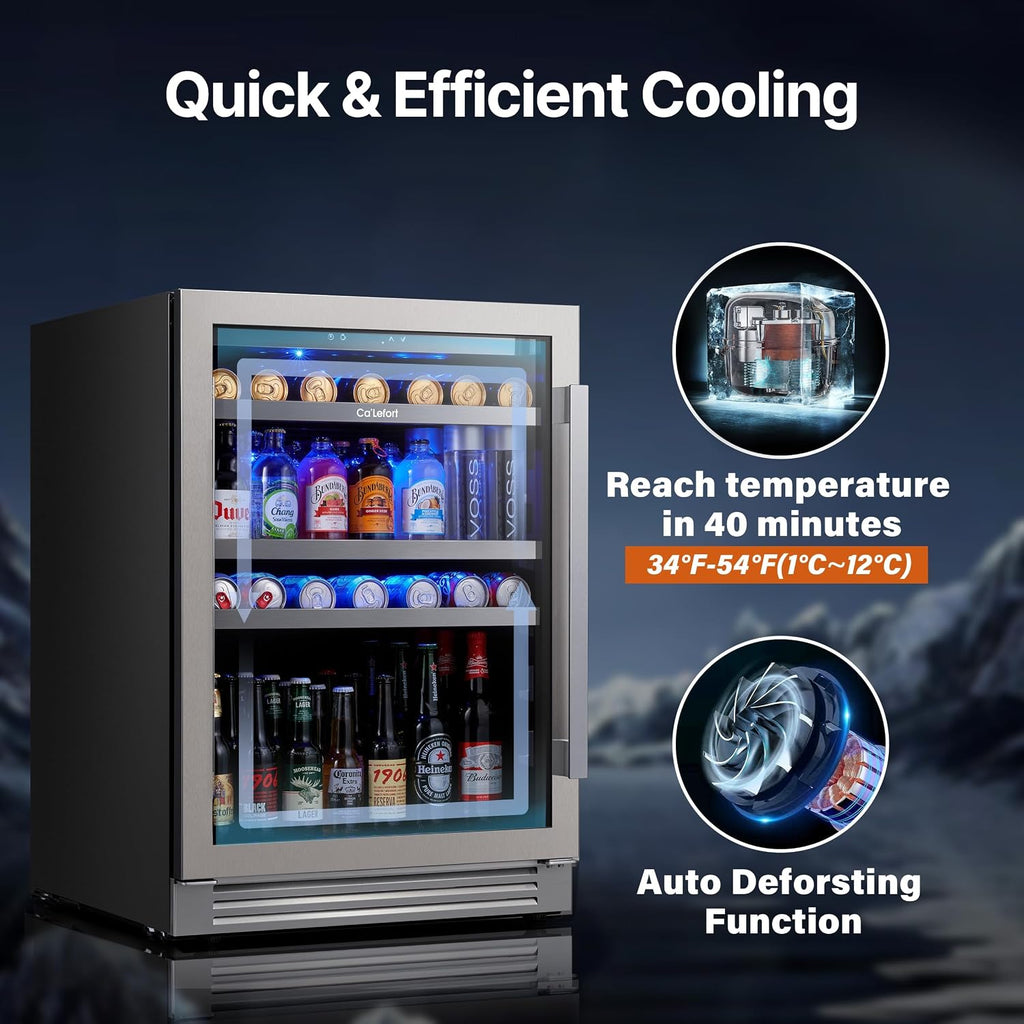 Ca'Lefort Beverage Refrigerator 24 Inch, 180 Cans Mini Fridge with Double Glass Door, Built-in or Freestanding Drink Cooler with Amber LED Light, Beverage Fridge for Kitchen Bar Office(Left-Hinged)