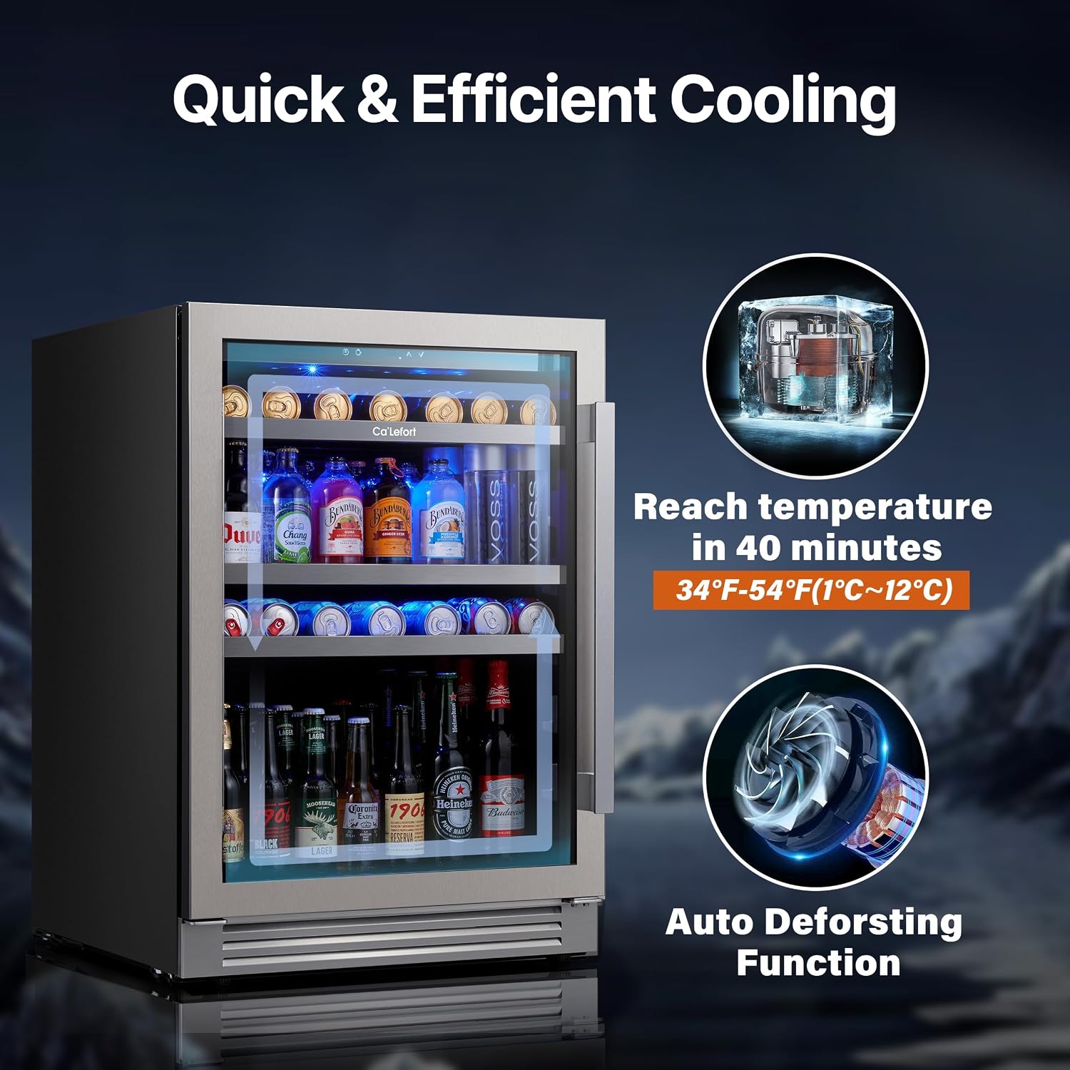 Ca'Lefort Beverage Refrigerator 24 Inch, 180 Cans Mini Fridge with Double Glass Door, Built-in or Freestanding Drink Cooler with Amber LED Light, Beverage Fridge for Kitchen Bar Office(Left-Hinged)