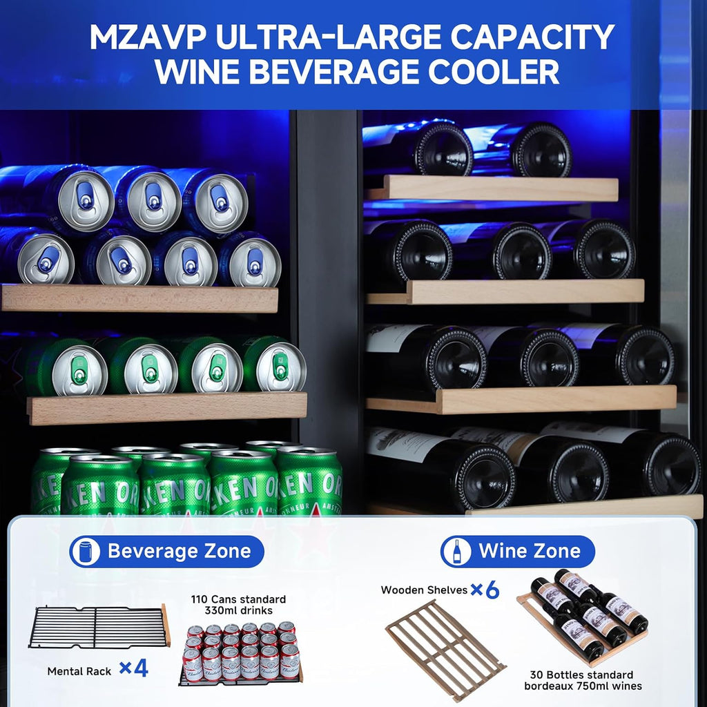 30 Inch Wine and Beverage Refrigerator, Dual Zone Wine Beverage Cooler, 30' Wine Cooler Under Counter or Freestanding Wine Beer Fridge with Upgraded Cooling, Holds 30 Bottles and 110 Cans, Black