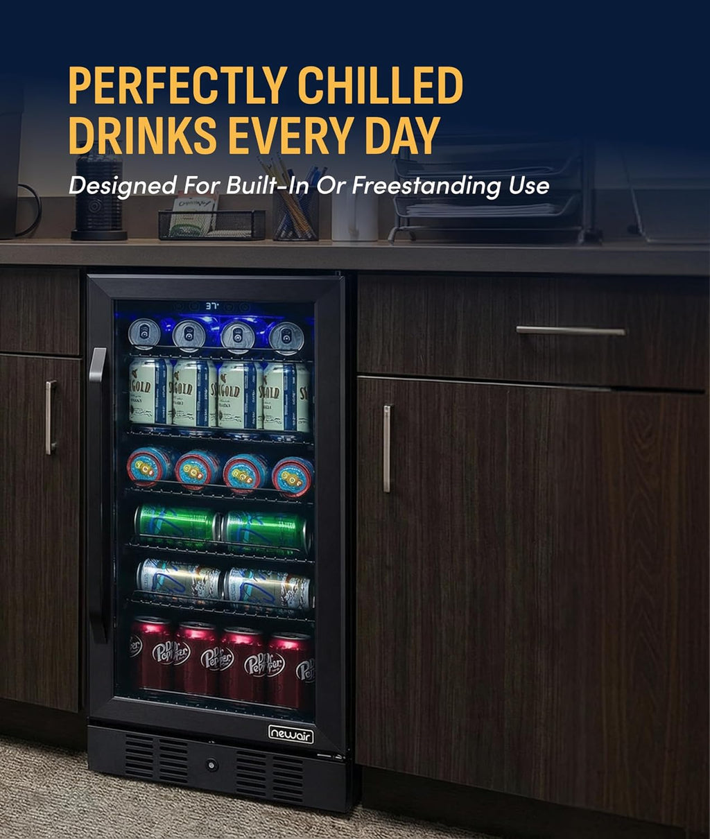 NewAir 96 Can Built-In Beverage Refrigerator | 15' Small Mini Fridge for Bedroom, Home Bar or Office | Quiet Cooling & Precise Temperature Control | Black Stainless Steel
