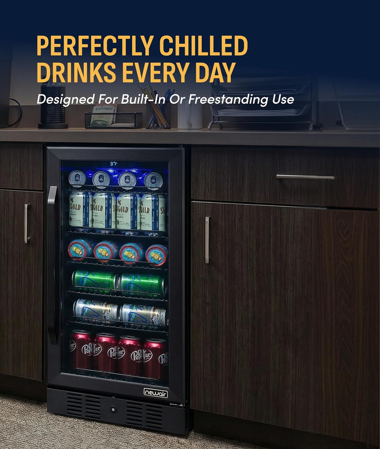 NewAir 96 Can Built-In Beverage Refrigerator | 15' Small Mini Fridge for Bedroom, Home Bar or Office | Quiet Cooling & Precise Temperature Control | Black Stainless Steel