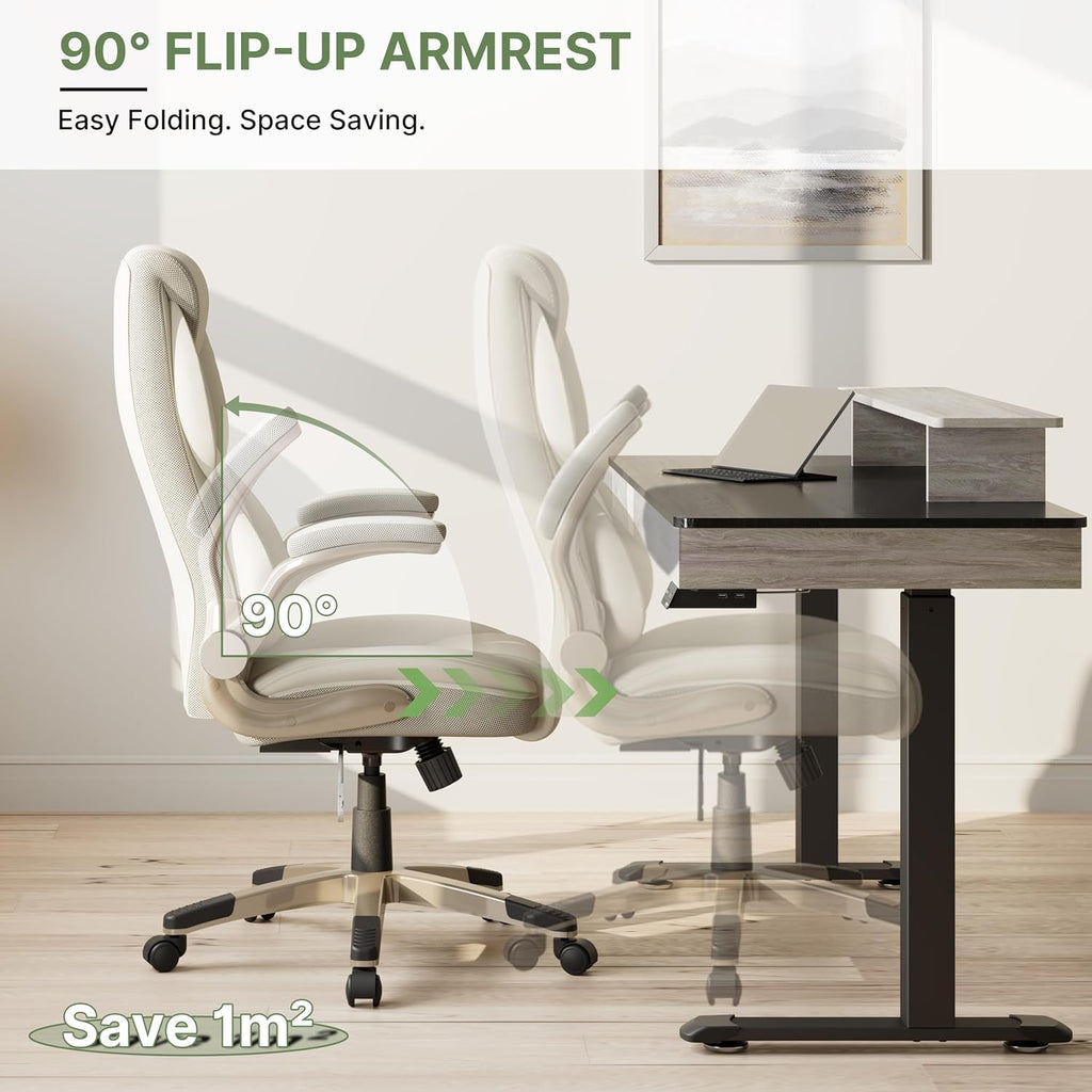 EUREKA ERGONOMIC Galene Executive Office Chair Flip Up Arm Rest, Ergonomic Desk Chair Faux Leather Computer Chair, High Back Office Chair with Headrest, Home Office Desk Chairs with Wheels, Beige