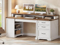RALGEND 55'' Farmhouse Executive Desk with Drawers, Computer Desk with File Cabinet and Side Bookshelf, Writing Gaming Desk with Monitor Stand & Charging Station, White and Walnut