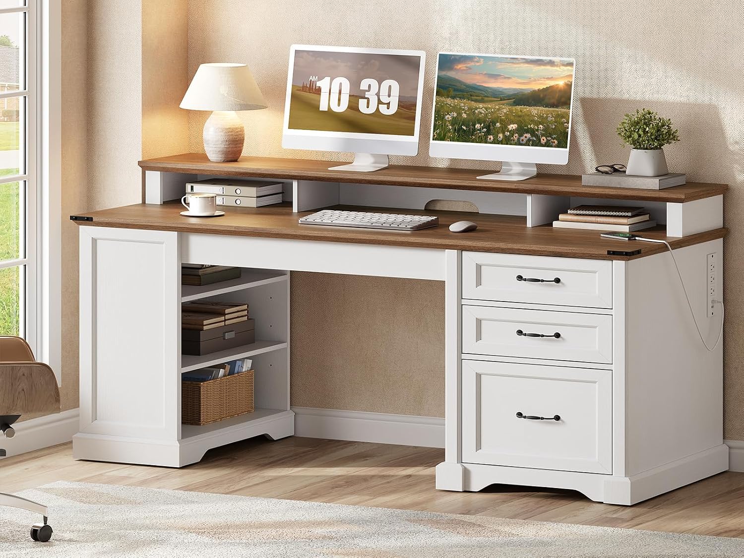RALGEND 55'' Farmhouse Executive Desk with Drawers, Computer Desk with File Cabinet and Side Bookshelf, Writing Gaming Desk with Monitor Stand & Charging Station, White and Walnut