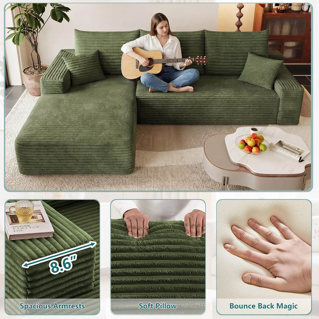 95' Modular Sectional Couch, Boneless L Shaped Cloud Sofa with Chaise Lounge, Corduroy Upholstered Couches Memory Foam Deep Seat, No Assembly Required, Ideal for Living Room(Green, Left Facing)