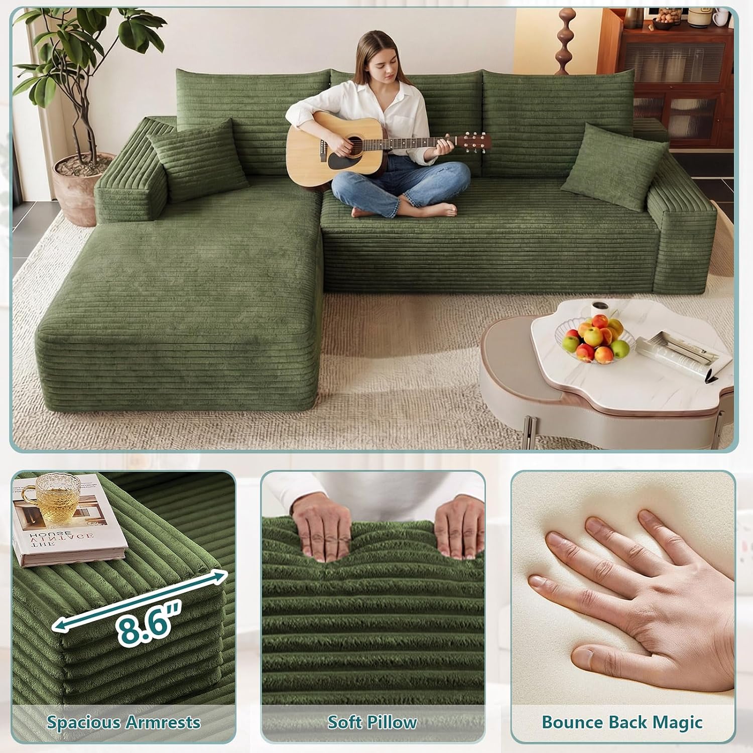 95' Modular Sectional Couch, Boneless L Shaped Cloud Sofa with Chaise Lounge, Corduroy Upholstered Couches Memory Foam Deep Seat, No Assembly Required, Ideal for Living Room(Green, Left Facing)