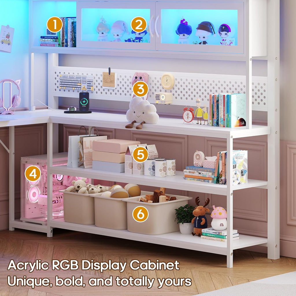 ADORNEVE Loft Bed Full Size with L-Shaped Gaming Desk, Arcylic RGB Hutch & Safety Charging Station, Metal Loft Bed with Storage Drawer, Safety Guardrail & Ladder, Space Saving for Teen Girls, White