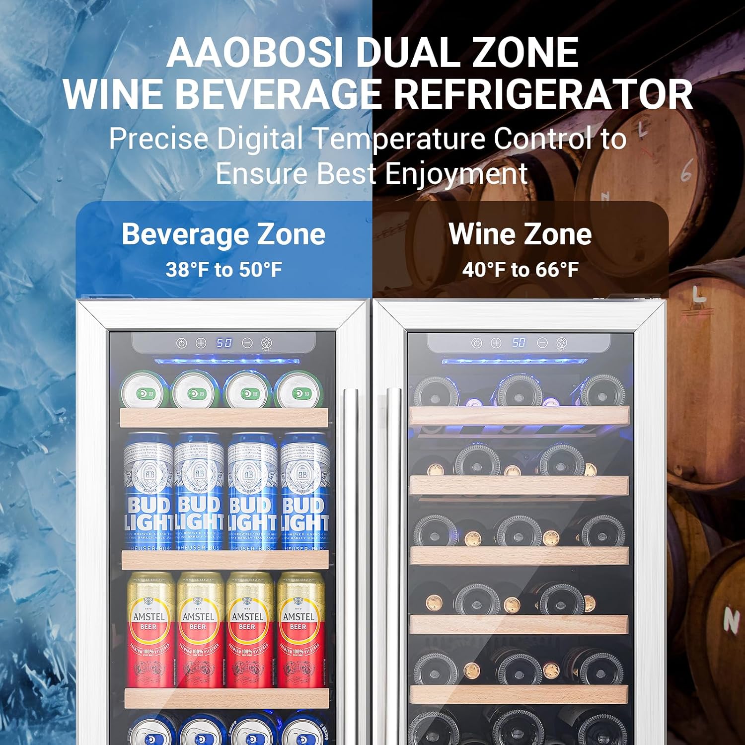 AAOBOSI 30 Inch Dual Zone Wine and Beverage Cooler,31 Bottles & 120 Cans Wine Fridge,Built-in and Freestanding,Removable Fashion Wooden Frame,Intelligent Digital Temperatrue Control,Low Noise