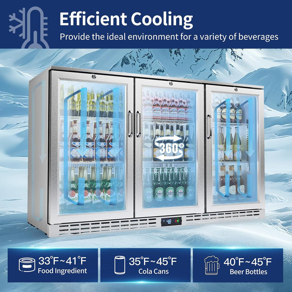 53 inch 11.7 cu.ft Back Bar Cooler Commercial Counter Height Beverage Refrigerator with 3 Glass Doors & LED Lighting, Stainless Steel Beer Fridge for Home Bar Restaurant, Sliver, 115V, ETL Approved