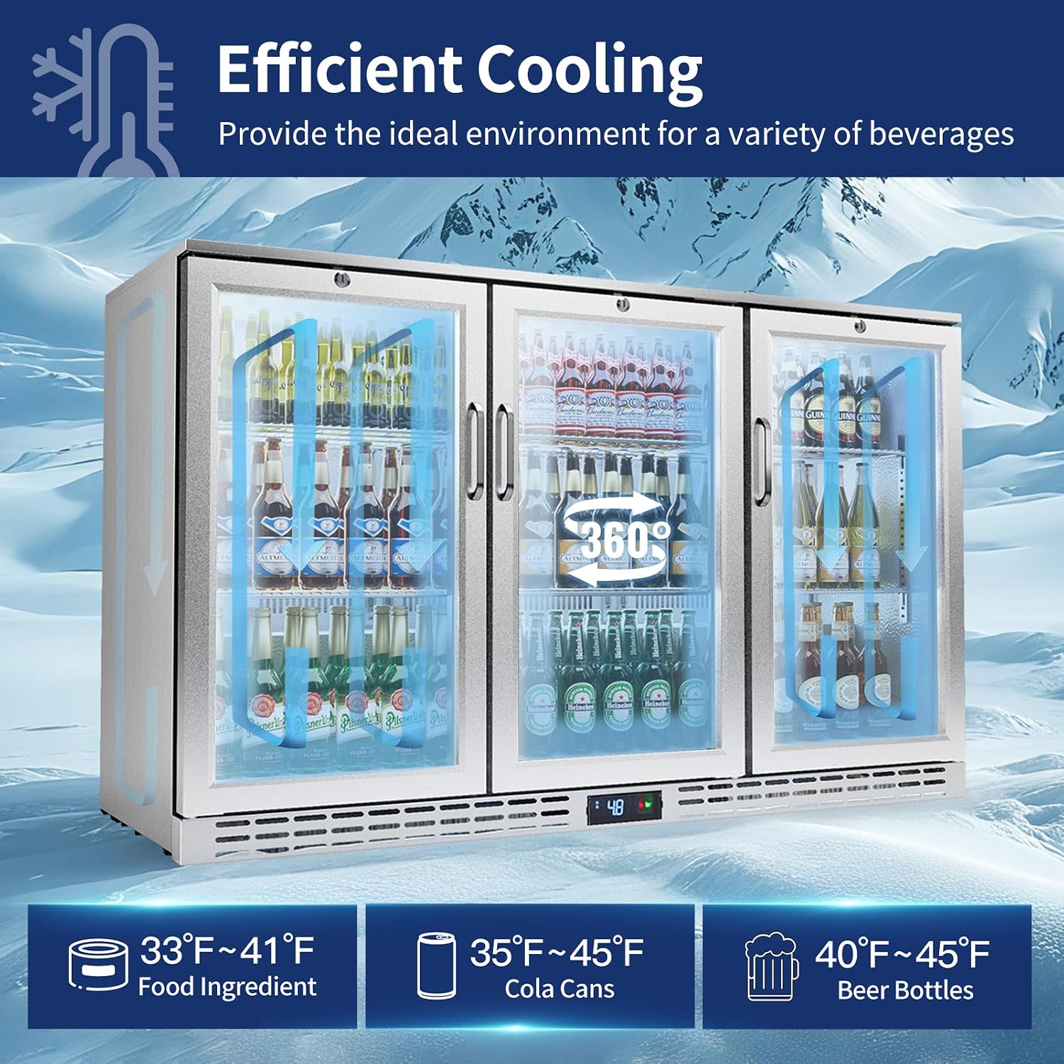 53 inch 11.7 cu.ft Back Bar Cooler Commercial Counter Height Beverage Refrigerator with 3 Glass Doors & LED Lighting, Stainless Steel Beer Fridge for Home Bar Restaurant, Sliver, 115V, ETL Approved
