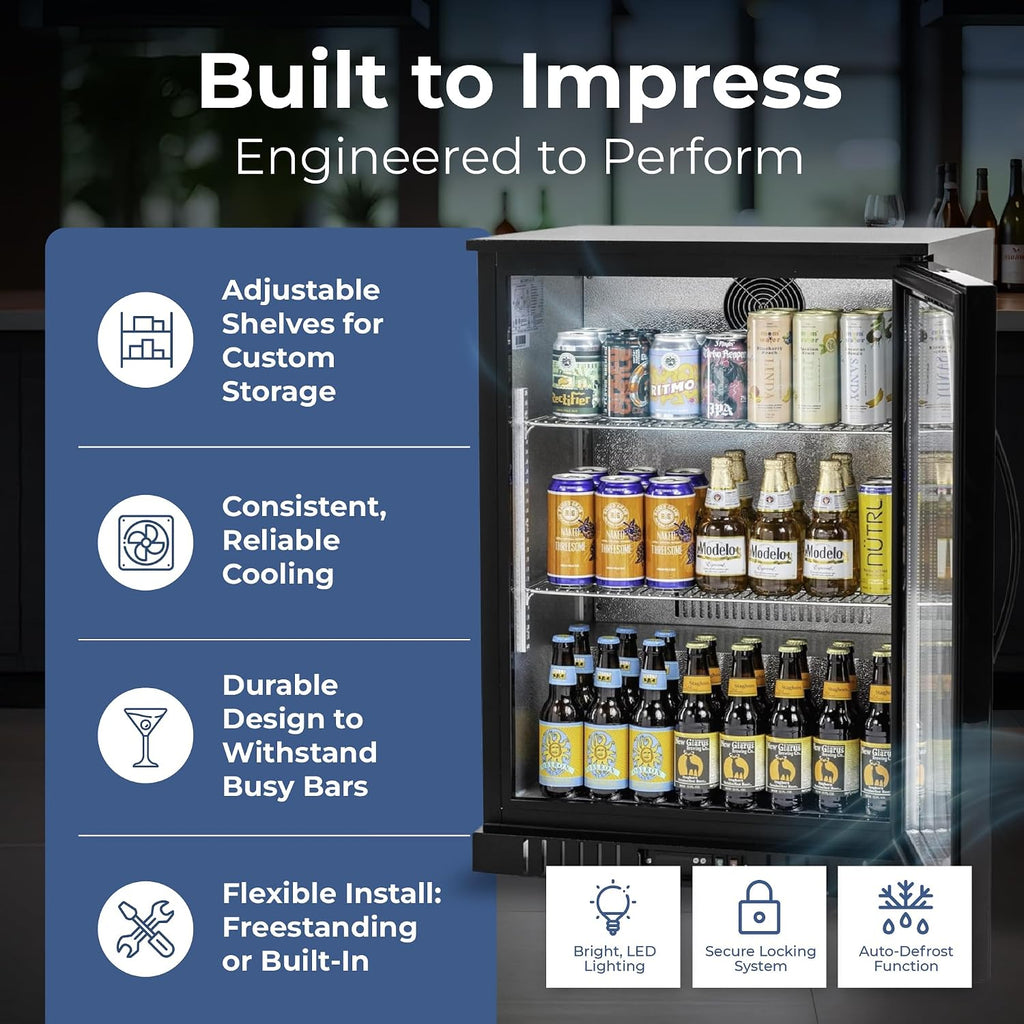 Procool 1-Door Counter Height Beverage Refrigerator - 24' Wide Energy Efficient Black Bar Fridge With Glass Door & LED Lighting - Commercial Back Bar Cooler