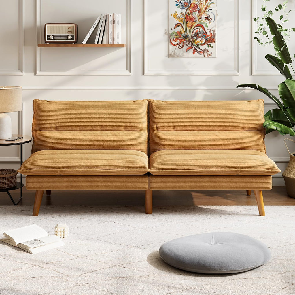 LINSY HOME Futon Sofa Bed - Convertible Corduroy Futon Couch Bed with Adjustable Backrest, Modern Small Loveseat Sleeper Sofa for Small Spaces, Living Room, Apartment or Office (Yellow)
