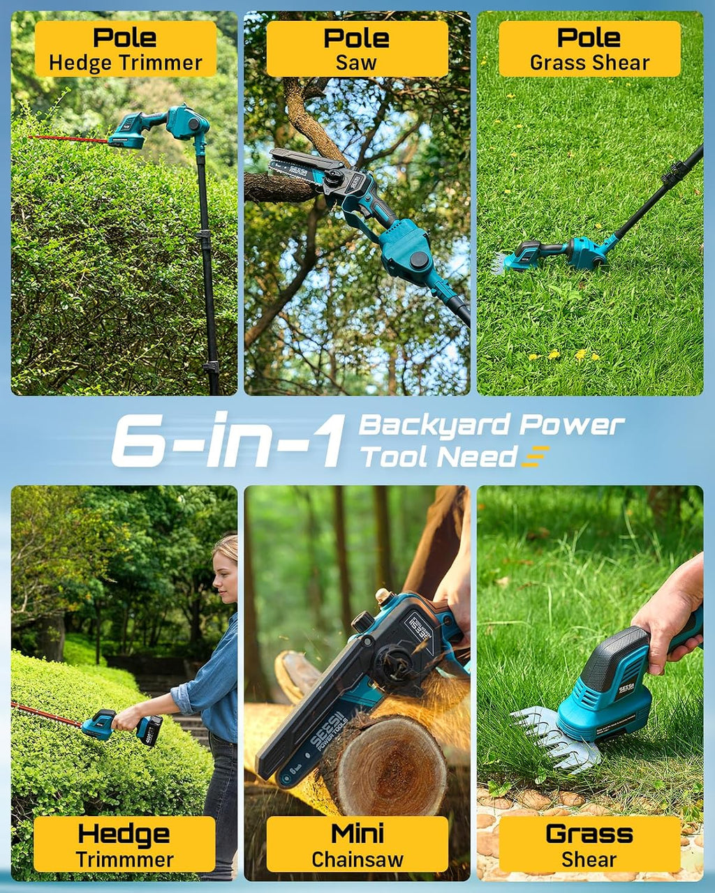 SEESII 6-in-1 Cordless Pole Saw & Hedge Trimmer Combo, Electric Mini Chainsaw with 2×4.0 Ah Batteries, Extendable Tree Pruner, Bush Trimmer Limb Branch Cutter, Grass Shears, 15Ft Long Reach