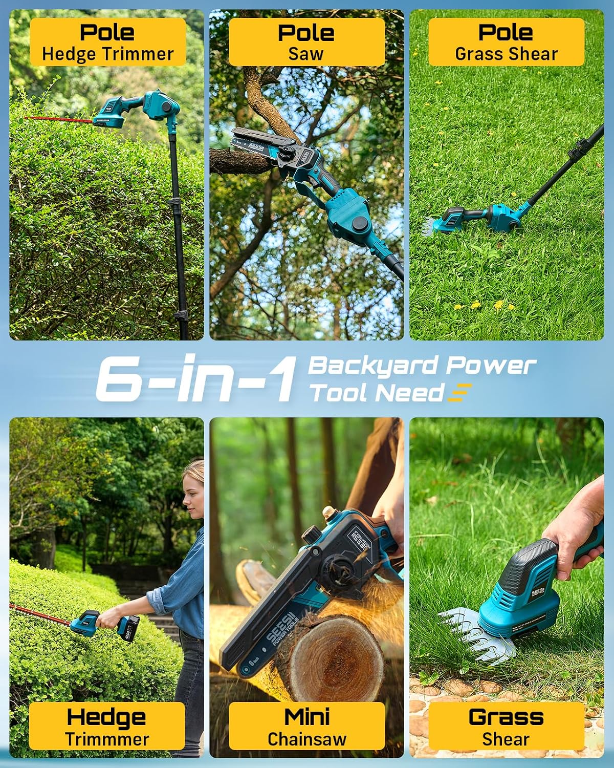 SEESII 6-in-1 Cordless Pole Saw & Hedge Trimmer Combo, Electric Mini Chainsaw with 2×4.0 Ah Batteries, Extendable Tree Pruner, Bush Trimmer Limb Branch Cutter, Grass Shears, 15Ft Long Reach
