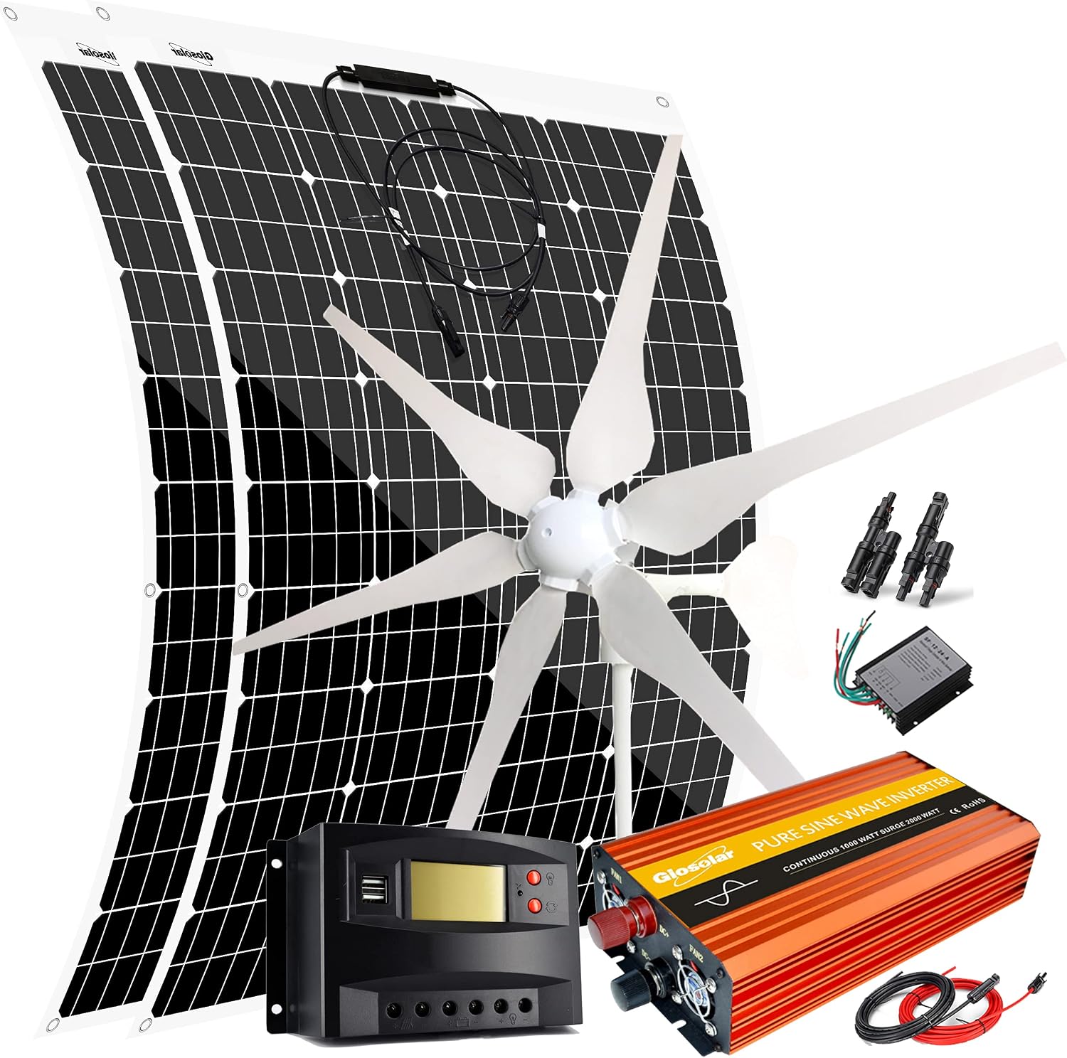 640W Wind Solar Power Complete Kit with 1000W Inverter: 400W Wind Turbine Generator + 2pcs 120W Flexible Solar Panels + Controller + Cables for Off Grid 12V 24V Battery Charging
