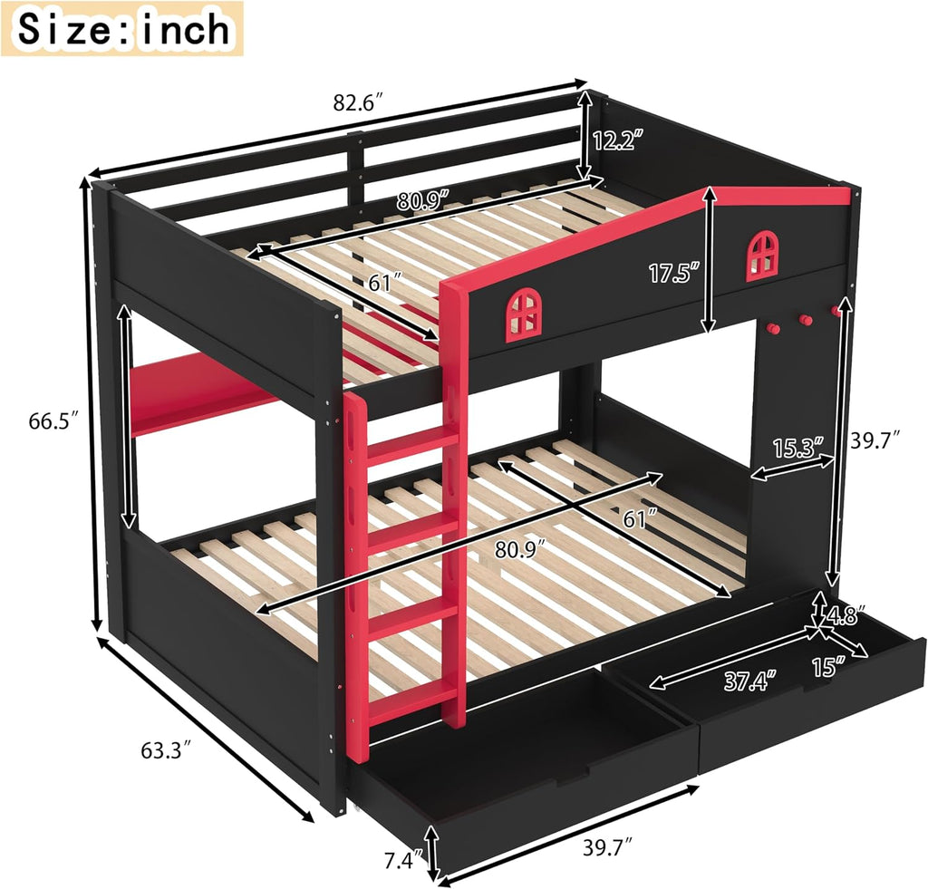 Queen Over Queen Bunk Bed with Storage Drawers, Hooks and Storage Shelves, Solid Wood Bunk Beds for Kids Teens, Bedroom Space-Saving Furniture (Black+Red/D)