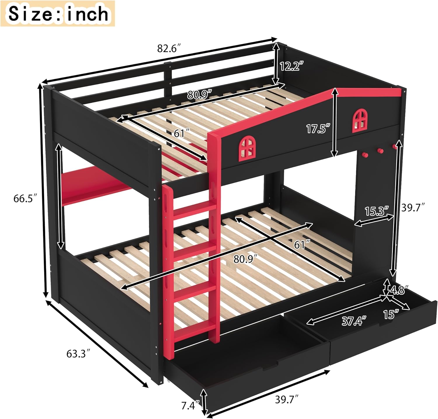 Queen Over Queen Bunk Bed with Storage Drawers, Hooks and Storage Shelves, Solid Wood Bunk Beds for Kids Teens, Bedroom Space-Saving Furniture (Black+Red/D)