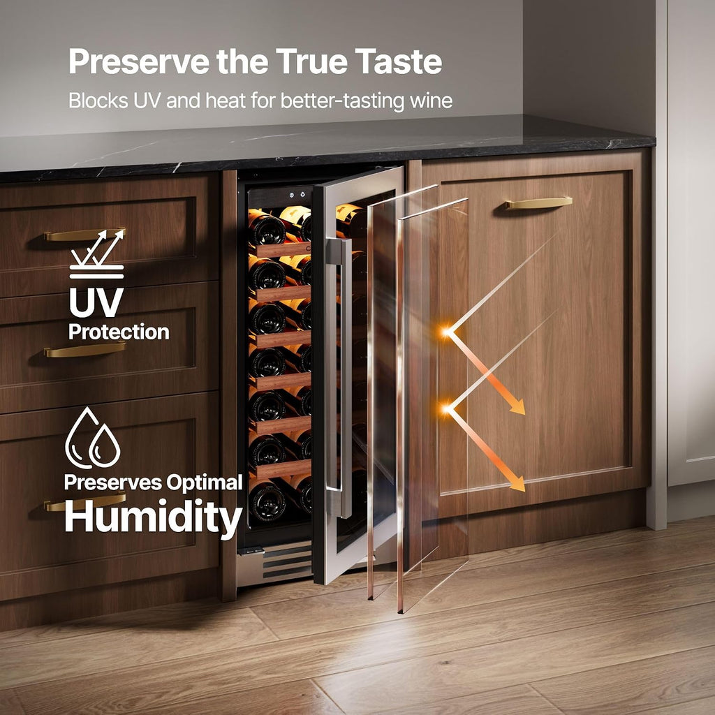Ca'Lefort 15 Inch Wine Fridge, 33 Bottles 40-65°F Wine Cooler, Adjustable Shelves & 3 LED Light, Wine Refrigerator with Glass Door, Built-in Under Counter Freestanding for Home/Kitchen/Bar