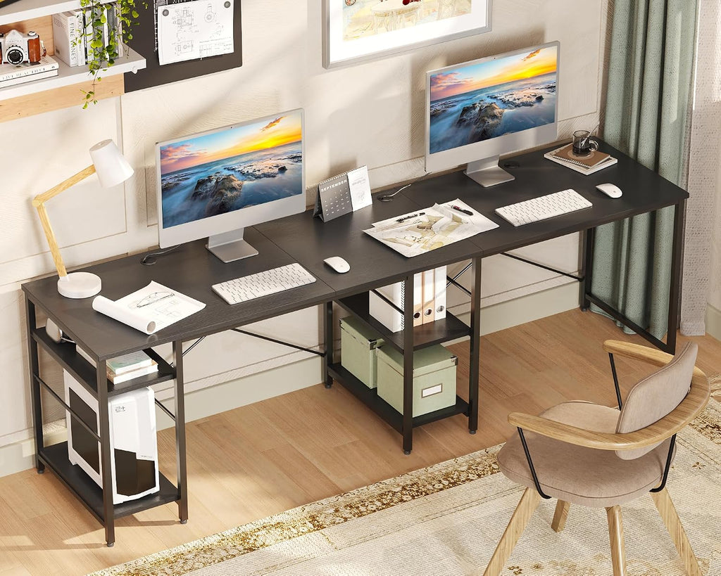 Bestier 95.2' L Shaped Desk, Reversible Corner Computer Desk or 2 Person Long Table with Adjustable Shelves, Large Writing Study Workstation with 3 Cable Holes - Black