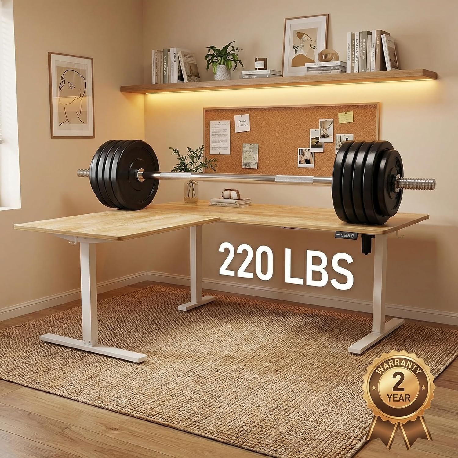 Grandder 63 x 55 Inch L Shaped Standing Desk, Electric Height Adjustable Corner Stand Up Desk, Sit Stand Corner Table Home Office Table, Oak Top White Frame