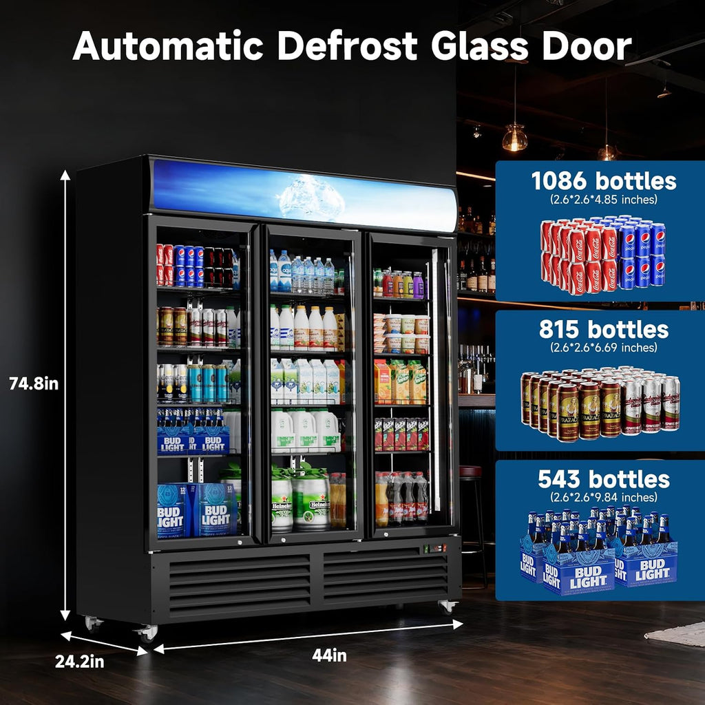 Commercial Beverage Refrigerator 56 Cu Ft, Commercial Display Fridge with Glass Door, Upright Merchandiser Refrigerator Cooler with Front LED Light for Stores, Restaurant, Office
