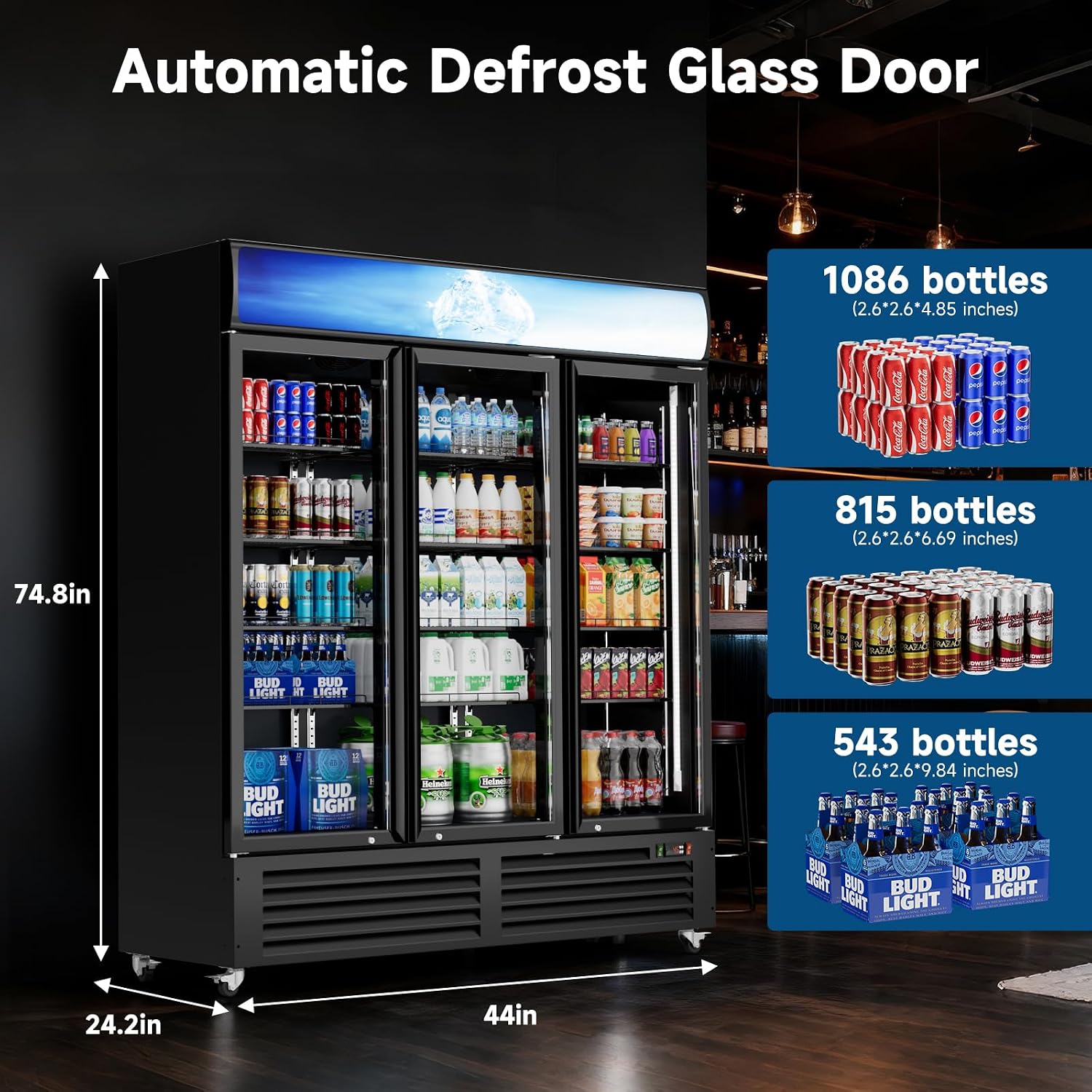 Commercial Beverage Refrigerator 56 Cu Ft, Commercial Display Fridge with Glass Door, Upright Merchandiser Refrigerator Cooler with Front LED Light for Stores, Restaurant, Office