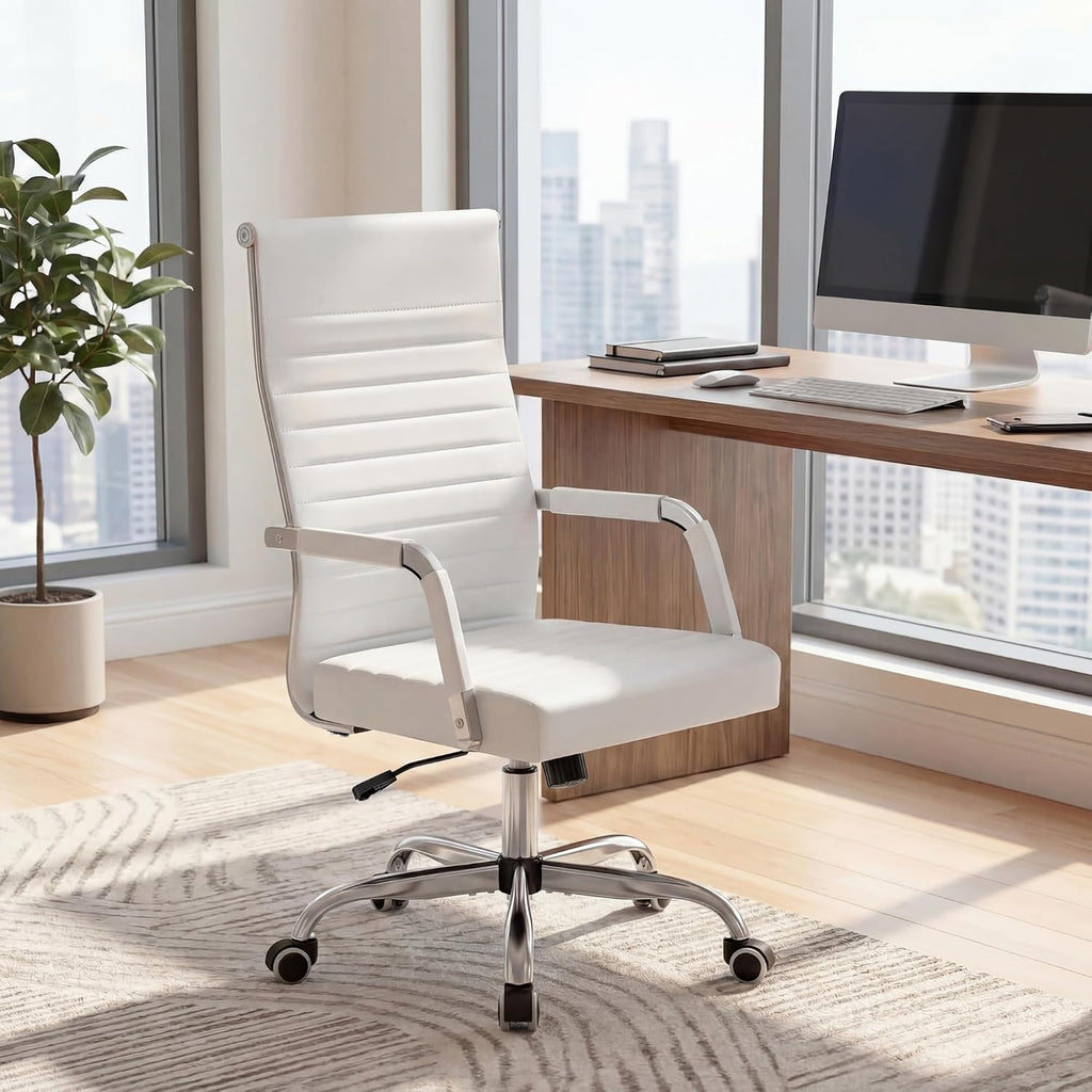 Furmax Ergonomic Office Desk Chair, Executive Ribbed Mid-Back PU Leather Conference Room Chair Adjustable Swivel Chair with Arms (2, White)