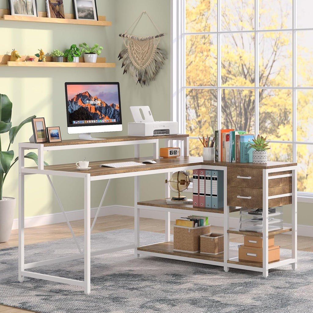 Tribesigns L Shaped Desk with Drawers and Monitor Stand, L Corner Desk with Storage Shelves, Beige Wooden PC Table for Samll Home Office