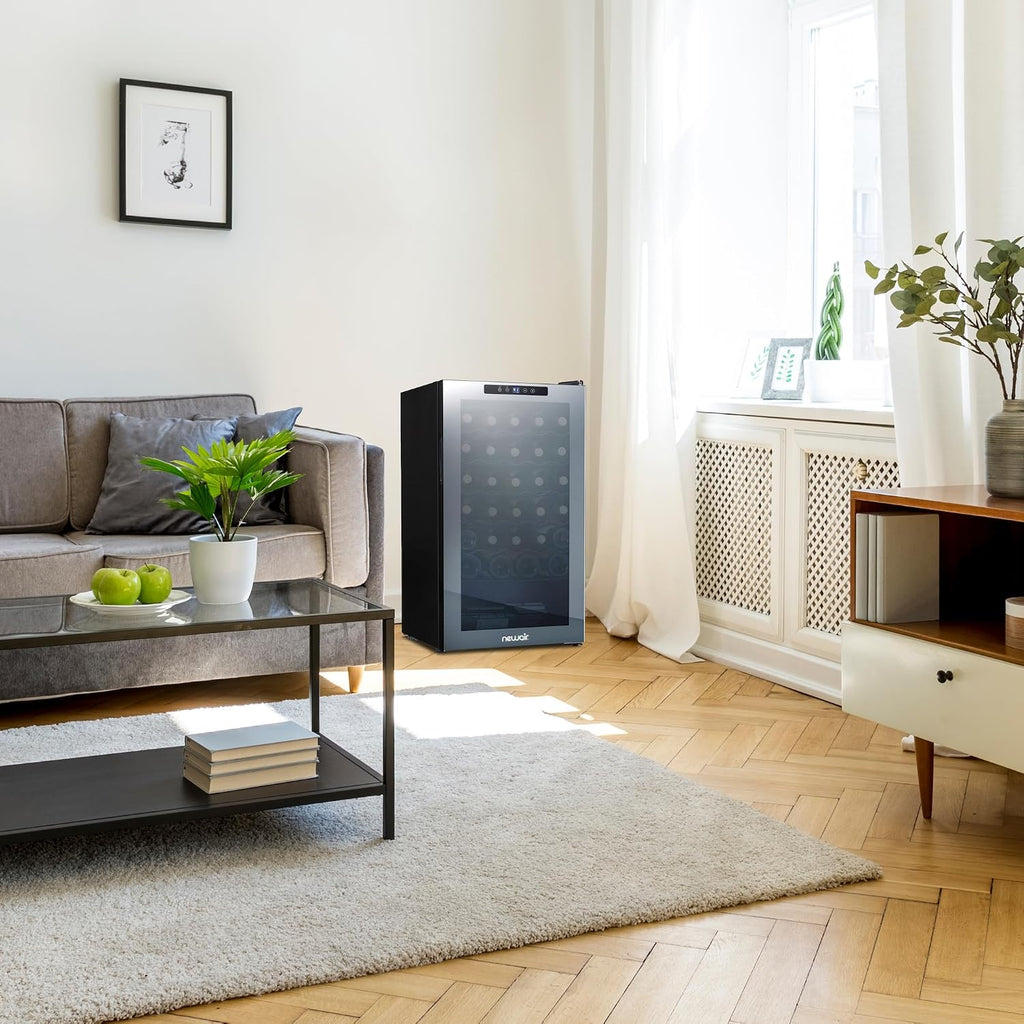 Newair 34 Bottle Wine Cooler Refrigerator | Shadow Series | Freestanding Mirrored Wine and Beverage Fridge with Double-Layer Tempered Glass Door & Compressor Cooling For Reds, Whites, & Sparkling Wine