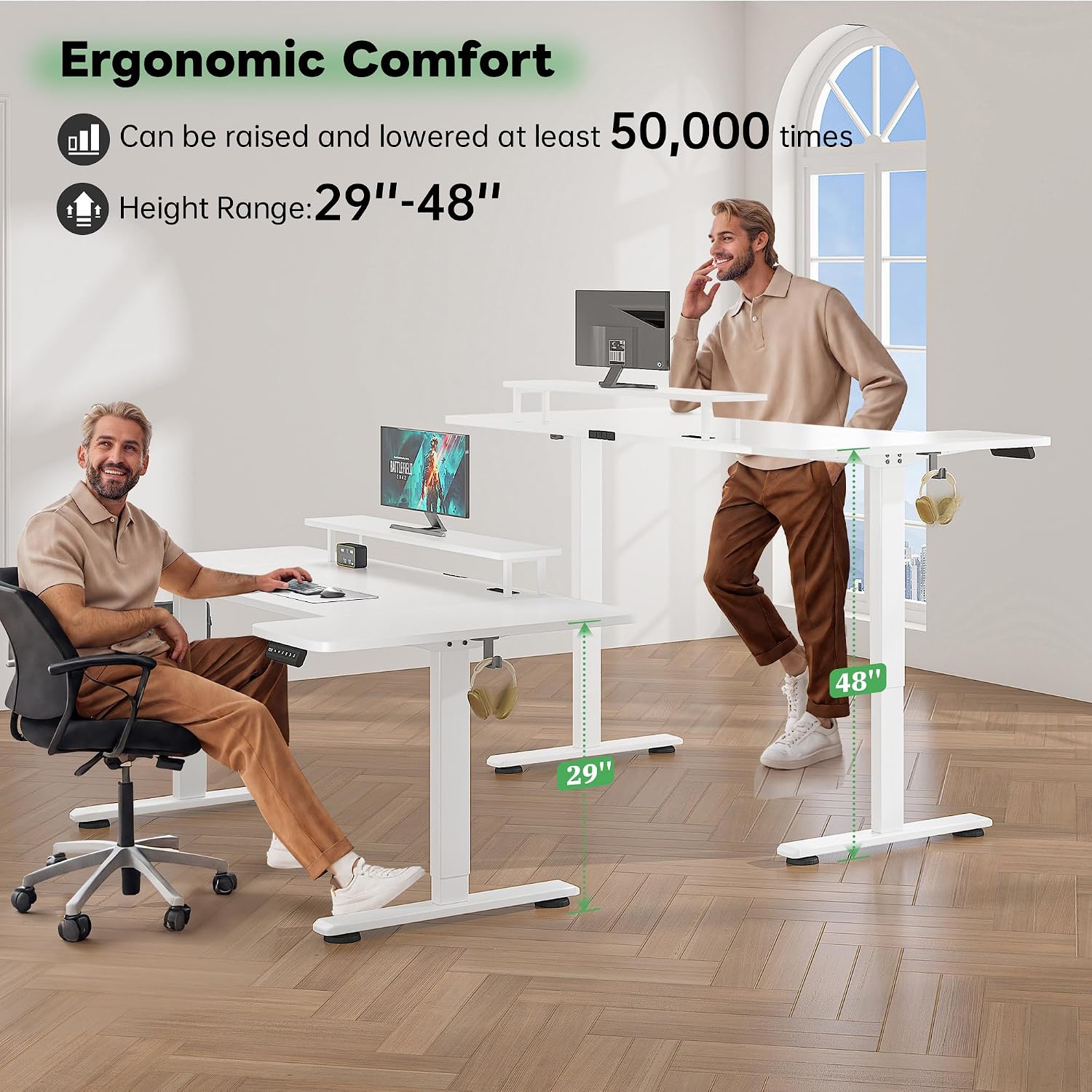 EnHomee 71 x 36 Inch U Shaped Electric Standing Desk, Height Adjustable Desk with Power Outlet, 3 Memory Height Preset,Monitor Shelf for Home Office Work Study Gaming, White
