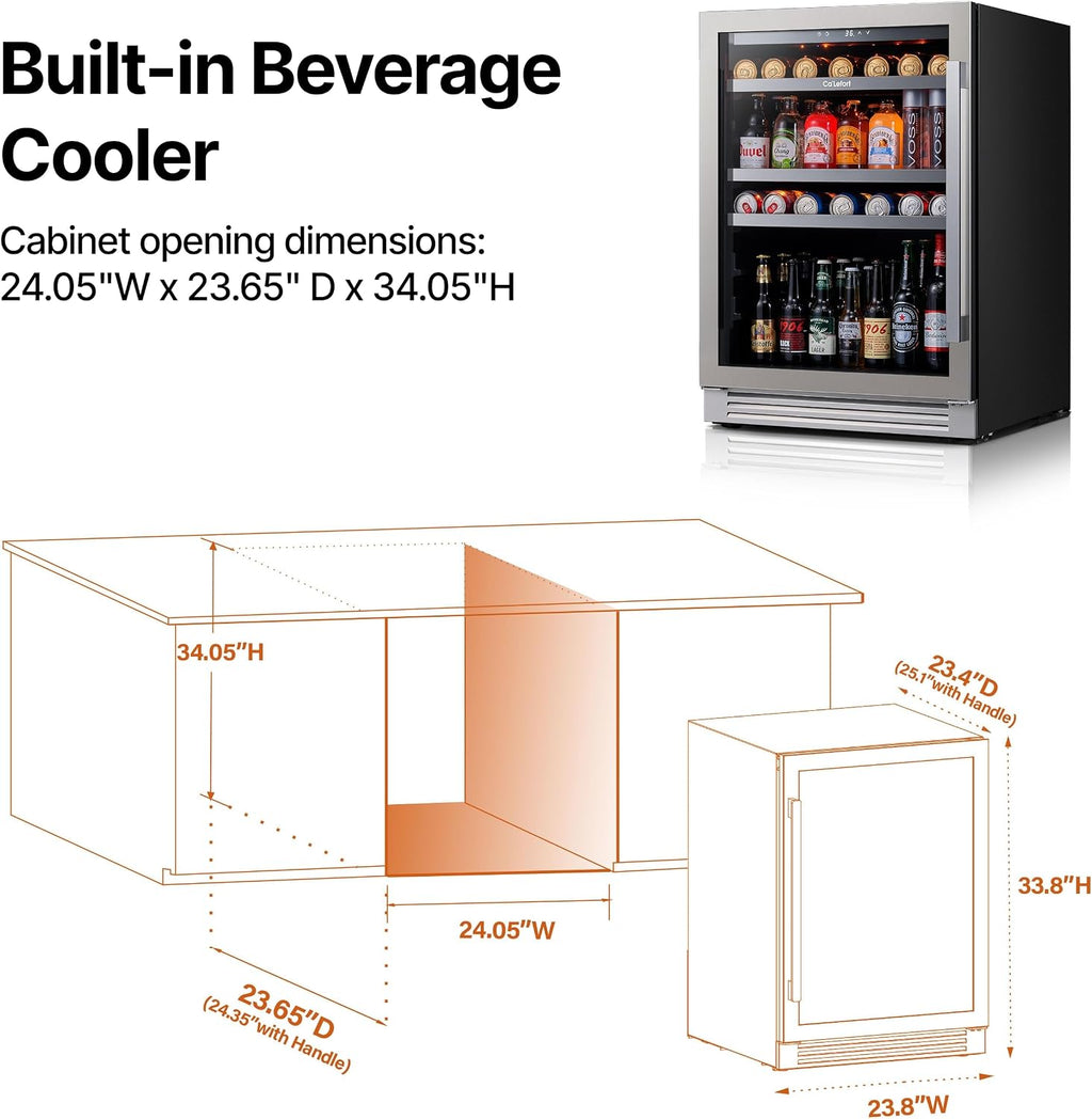 Ca'Lefort Beverage Refrigerator 24 Inch, 180 Cans Mini Fridge with Double Glass Door, Built-in or Freestanding Drink Cooler with Amber LED Light, Beverage Fridge for Kitchen Bar Office(Left-Hinged)