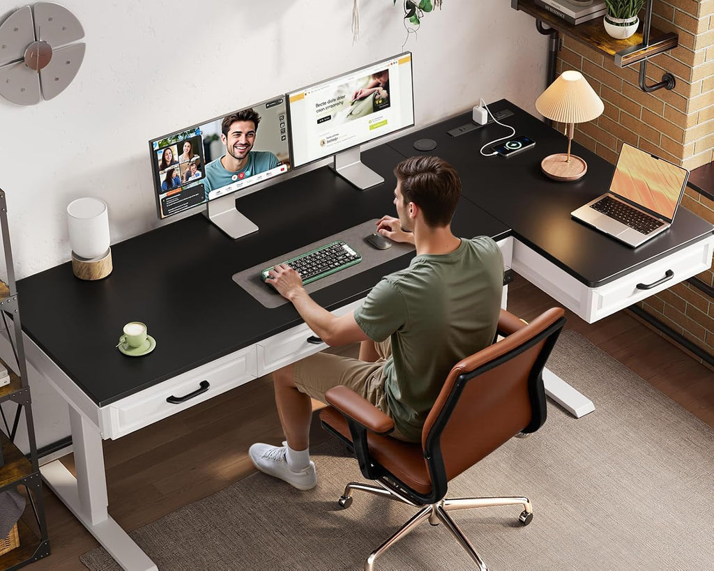 OffiGo L Shaped Electric Standing Desk with Wooden Drawers, 63 Inch Height Adjustable Corner Workstation with Power Outlets, Sit Stand Table for Home, Office, White+Black