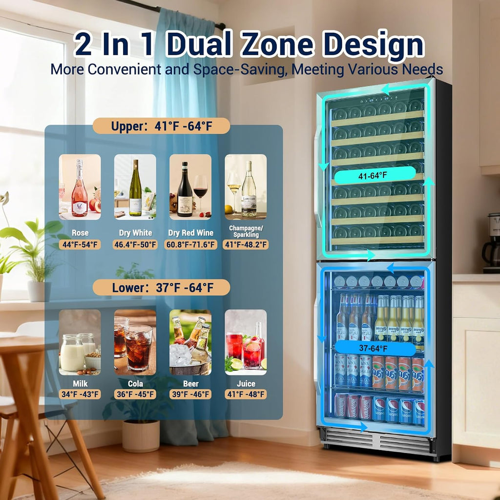 Tylza Beverage Refrigerator 24 Inch, 190 Can Built-in/Freestanding Beverage Cooler Fridge with Glass Door and Advanced Cooling Compressor for Beer and Soda or Wine, Low Noise, 37-64 F, Black