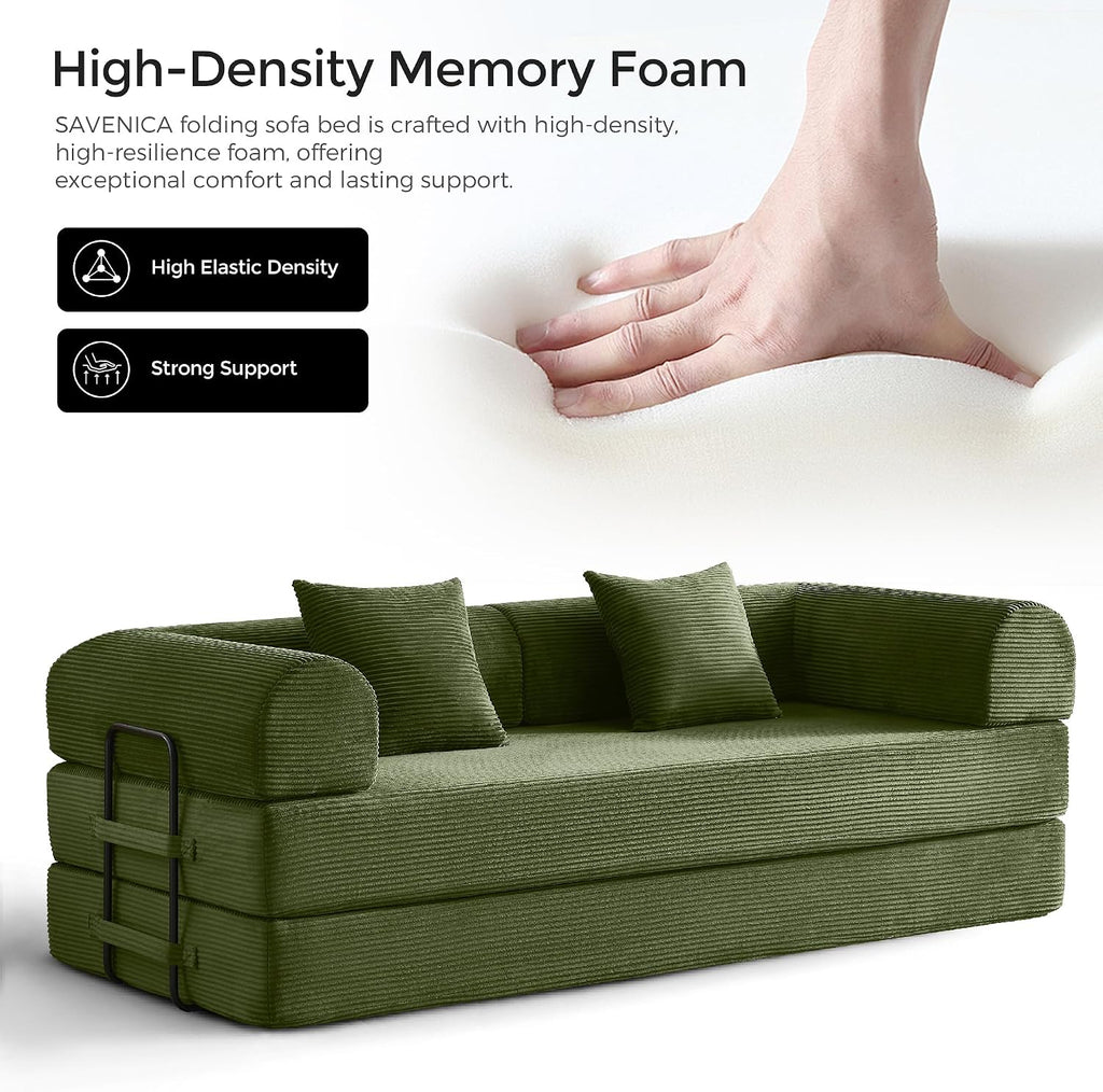 79' Convertible Sofa Bed with Fixed-Shape Frame & Removable Armrests, Modular Corduroy Sleeper Sofa, Folding Mattress Couch for Small Spaces - No Assembly Needed in Green (Includes 2 Pillows)