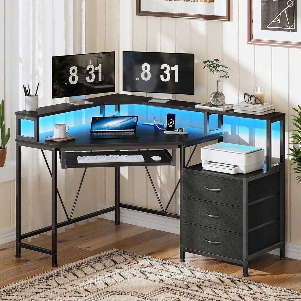 YOMILUVE Small Corner Desk with Drawers, Corner Gaming Desk with Power Outlets & Printer Shelf for Small Space, Triangle Computer Desk with LED Lights, Keyboard Tray and Monitor Stand, Black