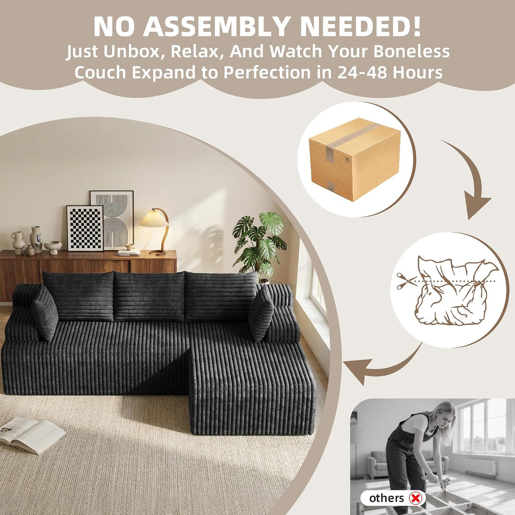 2026 New Boneless Couch, No Assembly Cloud Couch Sectional with Deep Seat & Chaise for Small Space, Upholstered Boneless Sectional Couch for Living Room, L Shaped Couch with Right Facing Chaise, Grey