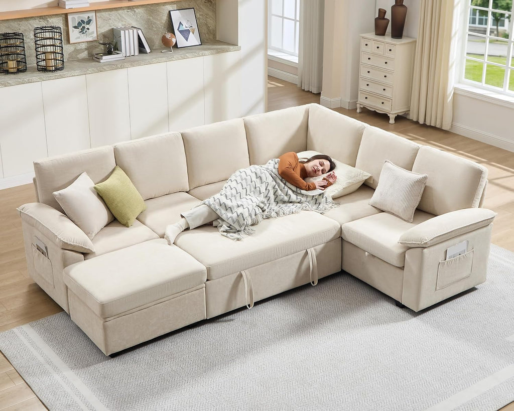 VanAcc 105' Sofa Bed, Sectional Sleeper Sofa with Pull Out Bed/Reclining Backrest, Sleeper Couch Bed with Storage, 6 Seater Couch Bed for Living Room, Chenille Beige