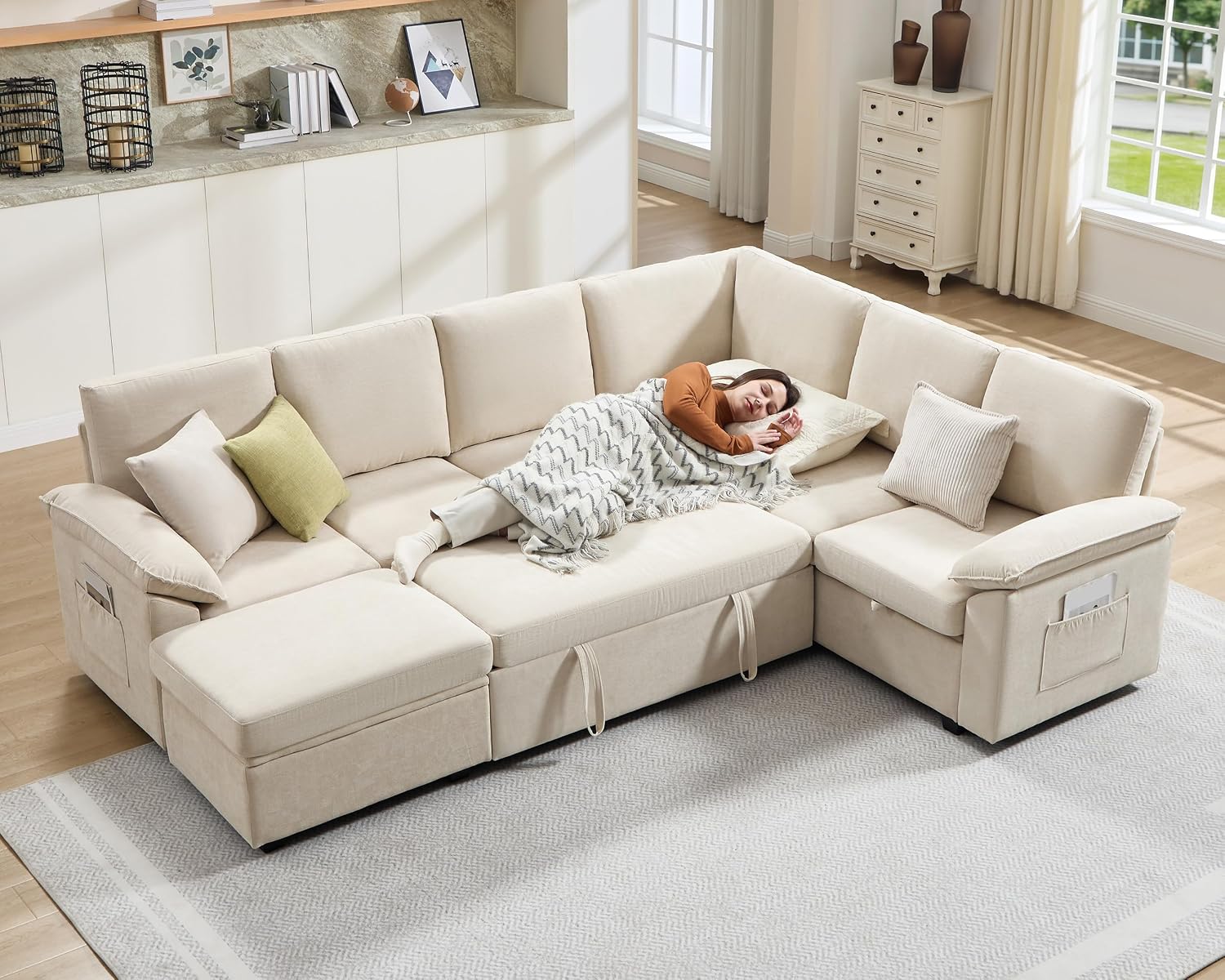 VanAcc 105' Sofa Bed, Sectional Sleeper Sofa with Pull Out Bed/Reclining Backrest, Sleeper Couch Bed with Storage, 6 Seater Couch Bed for Living Room, Chenille Beige