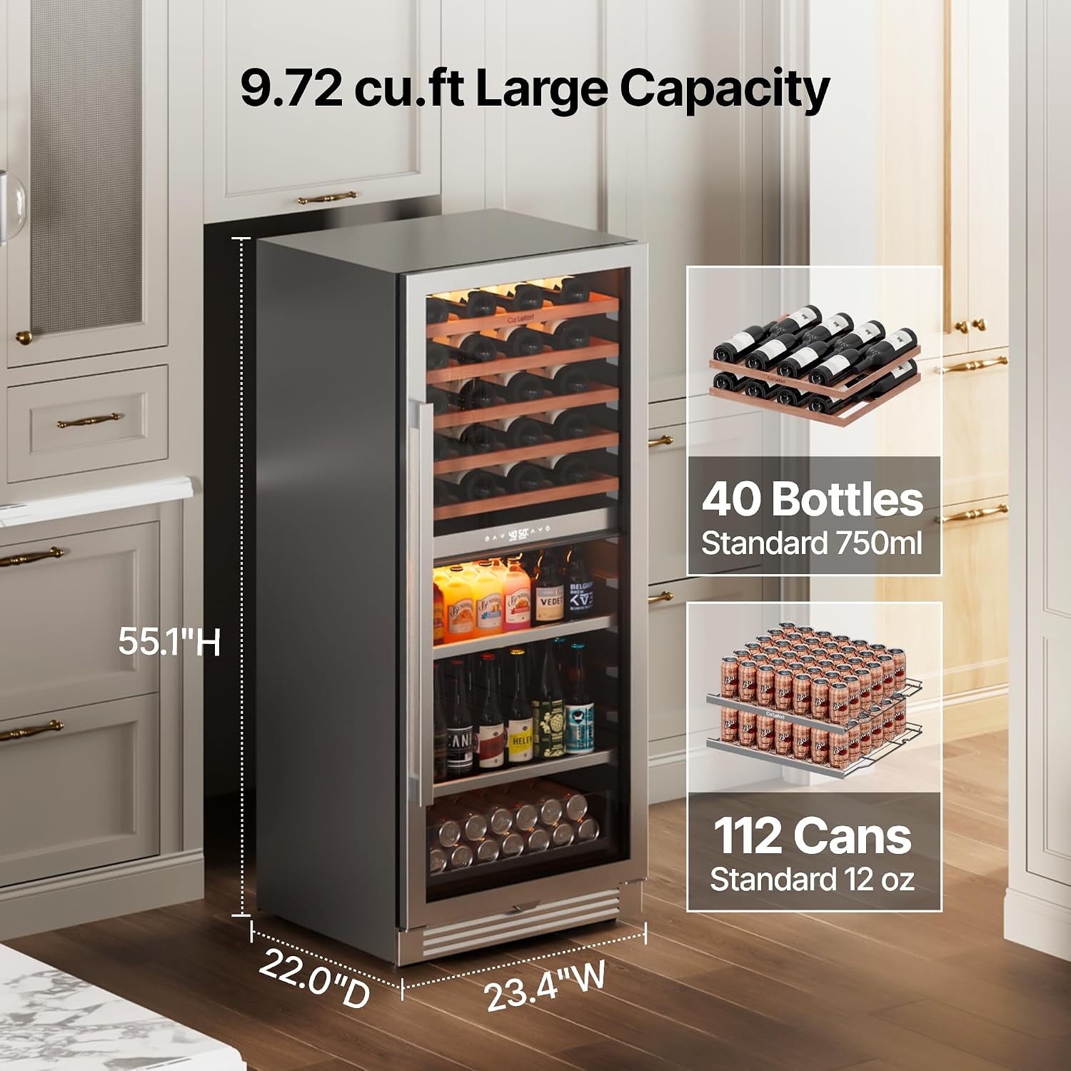 Ca'Lefort 24 Inch Wine & Beverage Refrigerator - 112 Can + 40 Bottle Dual Zone 34-65°F Cooler, 7 Adjustable Shelves & 3 LED Lights, Energy Star Certified Built-in/Freestanding for Home/Bar/Kitchen