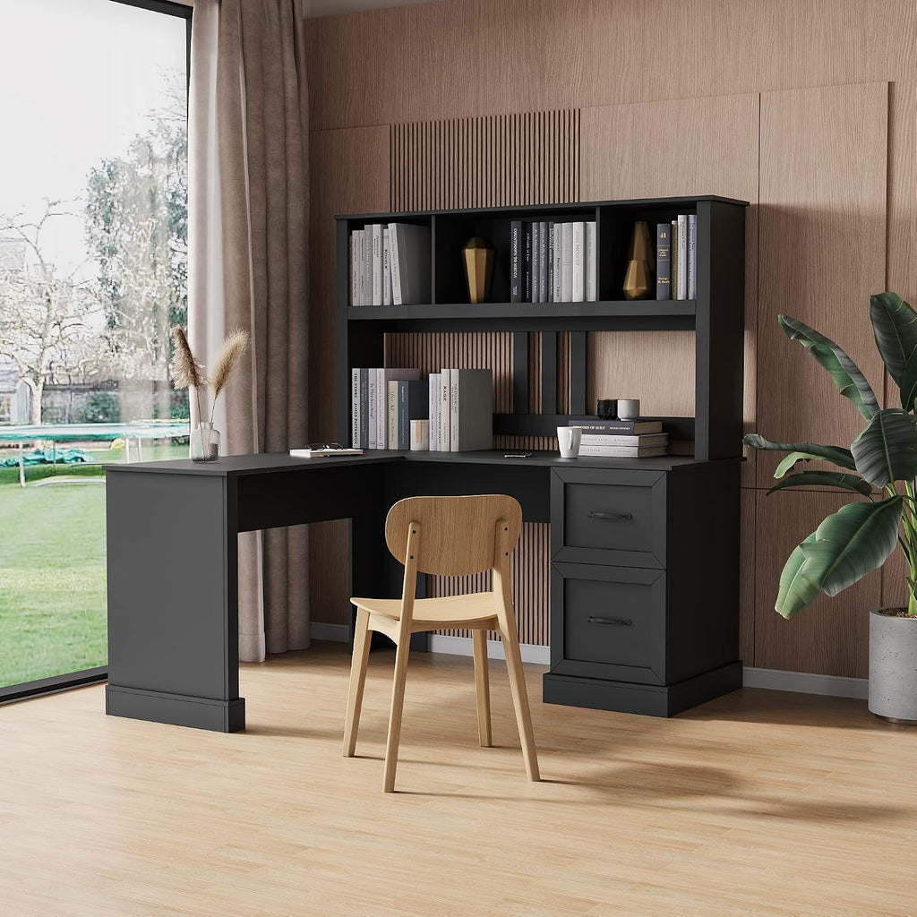 Bellemave L Shaped Computer Desk with Hutch, Home Office Desk with Drawers and Bookshelf, Corner Desk, Study Table Writing Desk with Storage, Easy Assemble, Antiqued Black