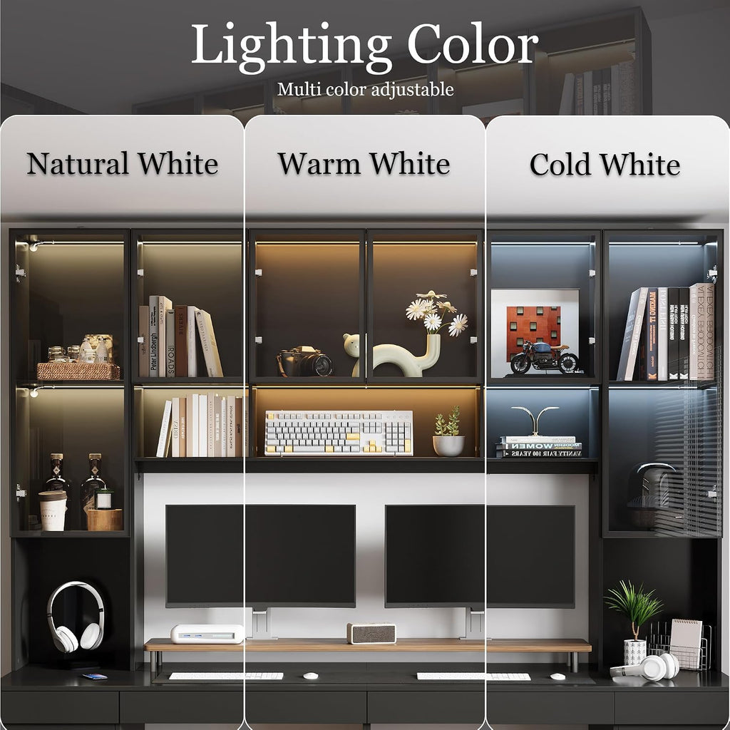 WOODTIME Large Two Person Computer Desk with Bookshelf and Lights, Study Writing Gaming Table Workstation with 4 Drawers & 14 Shelves for Home Office, White