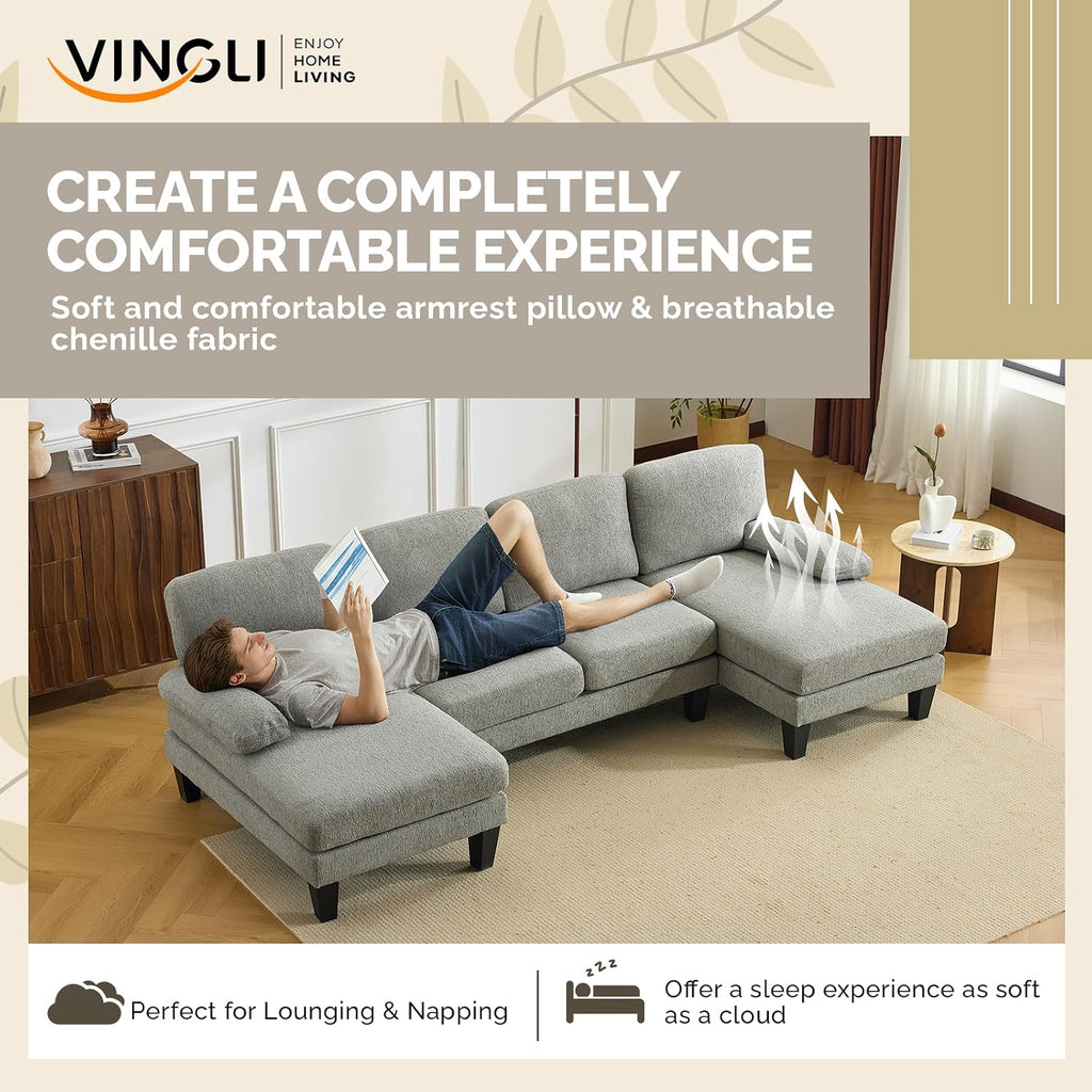 VINGLI 110' U-Shaped Sectional Couch with Two Chaise, Affordable Small Sofa with 4 Seats, Chenille Fabric Comfy Couches for Living Room, Blue