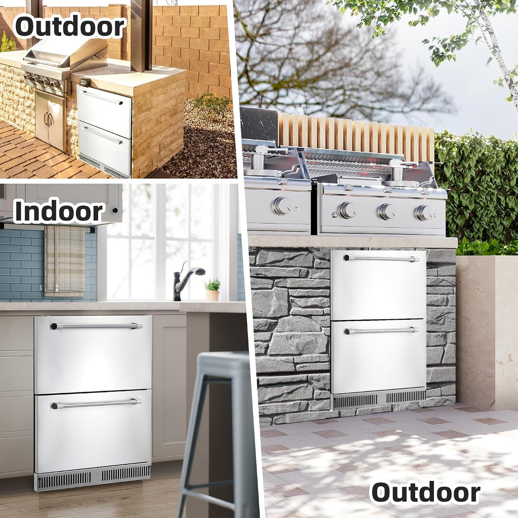 Garvee 24 in Outdoor Drawer Fridge, Counter Double Drawer Beverage Refrigerator, 5.2 Cu.Ft. Weather Proof Stainless Steel Built-in Fridge for Residential Commercial Use Black